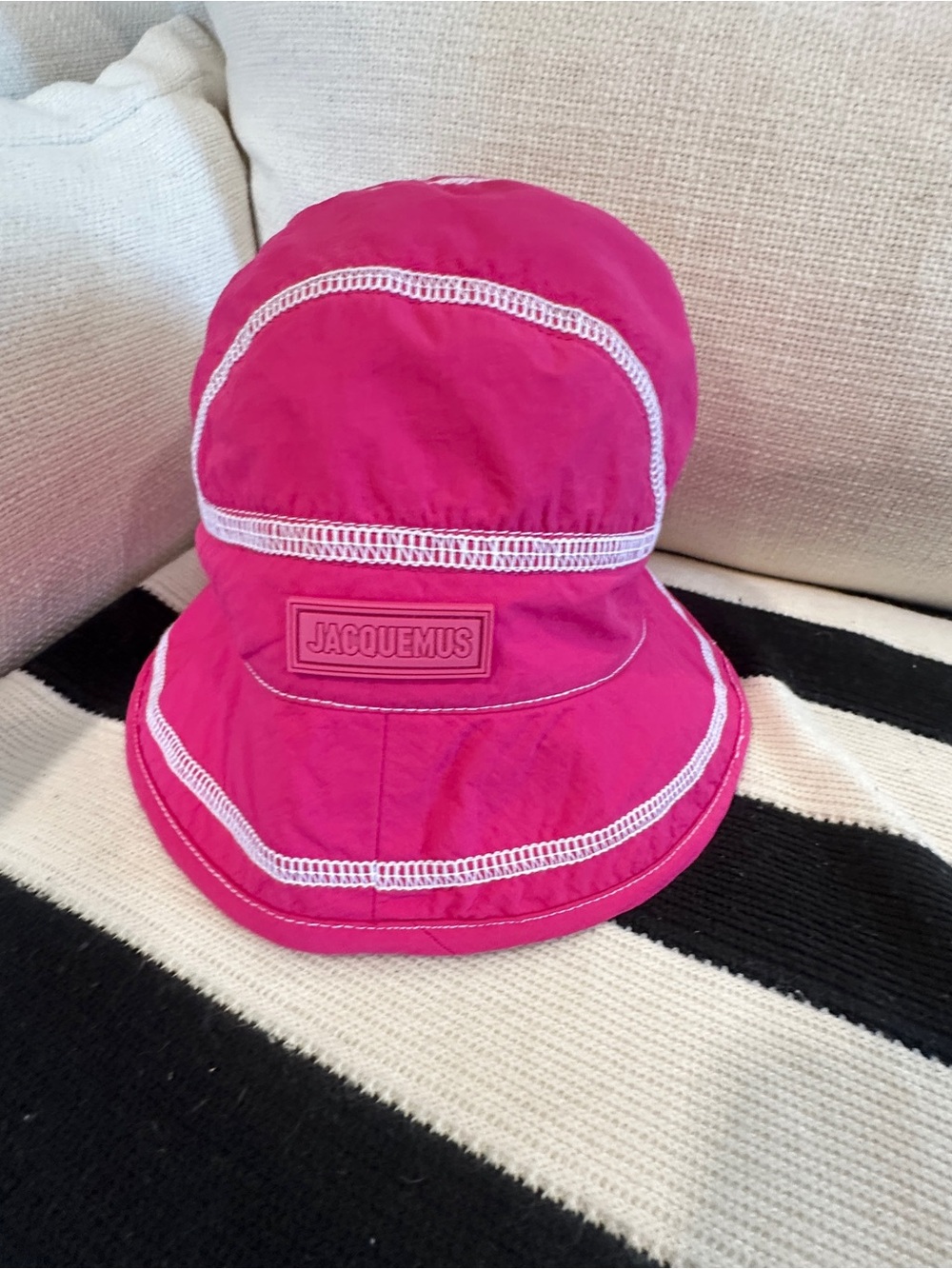Jacquemus Hot Pink Bucket Hat with White Stitching